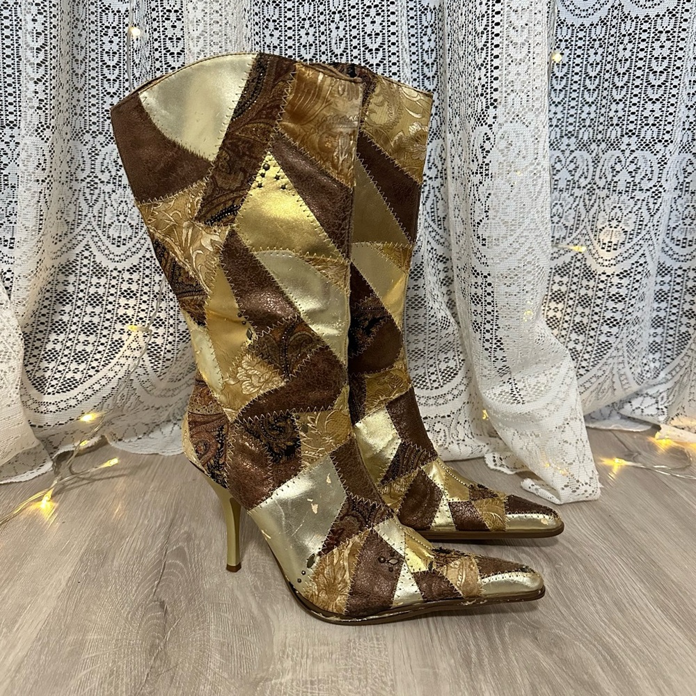 Vintage Patchwork Heeled Boots Gold & Brown Retro Statement Pointed Toe Mid-Calf